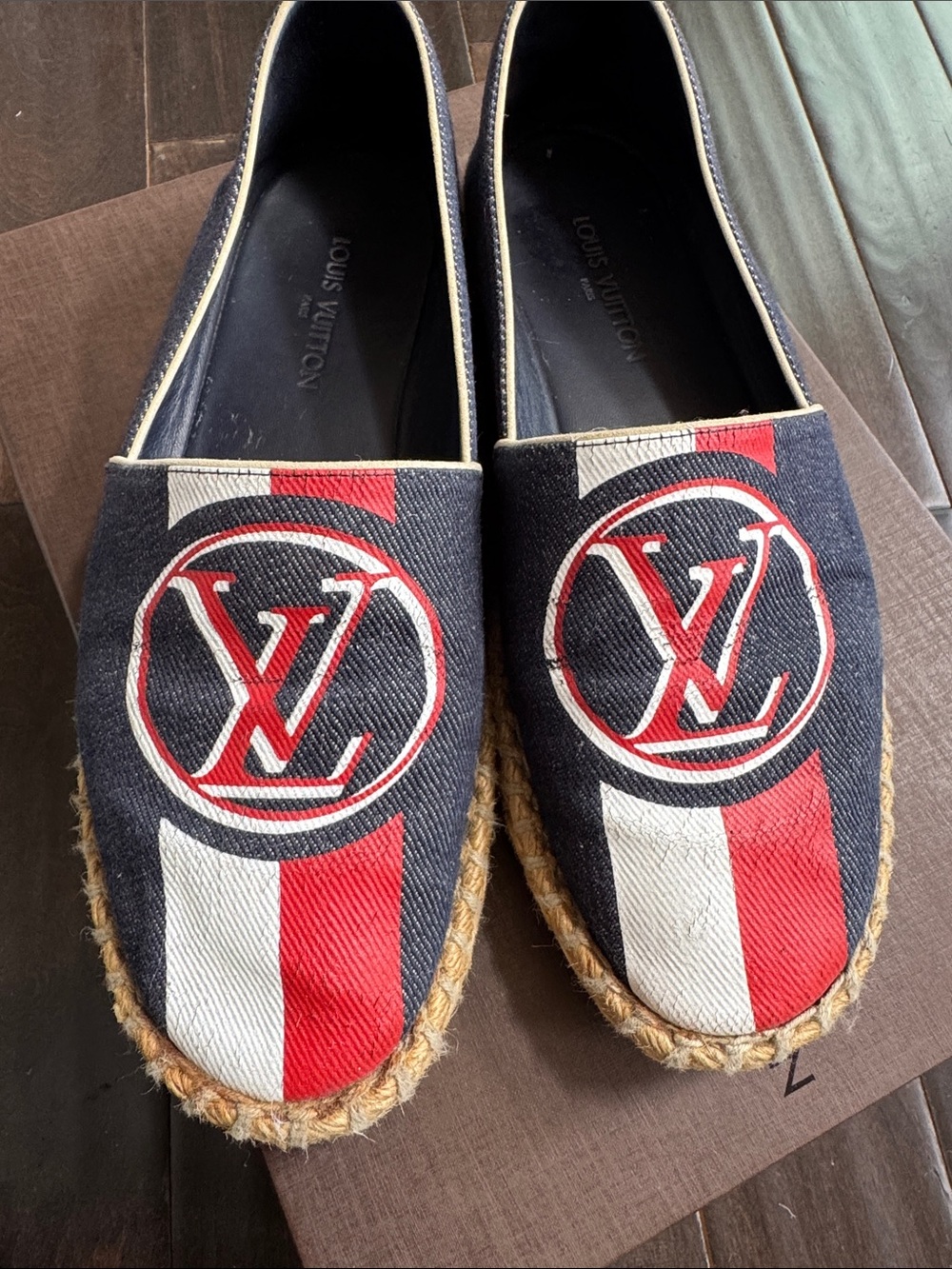 Women Louis Vuitton LV Logo Canvas Espadrilles Flats Shoes Navy Red White 37 - Picture 7 of 9